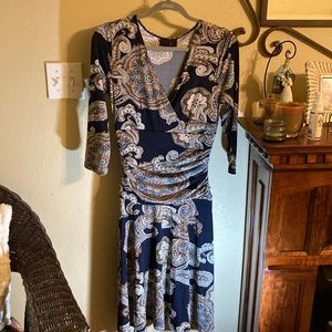 Rekucci paisley navy & tan dress, Size 6